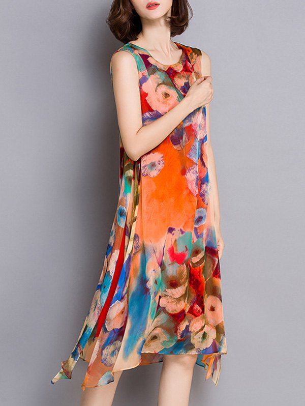 Colormix 2xl Floral Print Side Slit Asymmetrical Dress | RoseGal.com