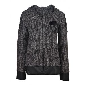

Skull Printed Faux Leather Spliced Zip Up Hoodie For Women, Deep gray