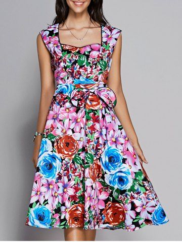 Платье цветные фото 2019 Floral Sweetheart Neck Knee Length Flare Dress Rosegal.com Mobile