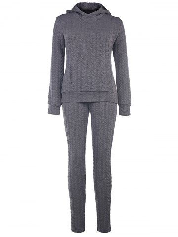 Stylish Hooded Long Sleeve Sweatshirt + Solid Color Slimming Pants Women's Twinset - GRAY - S
