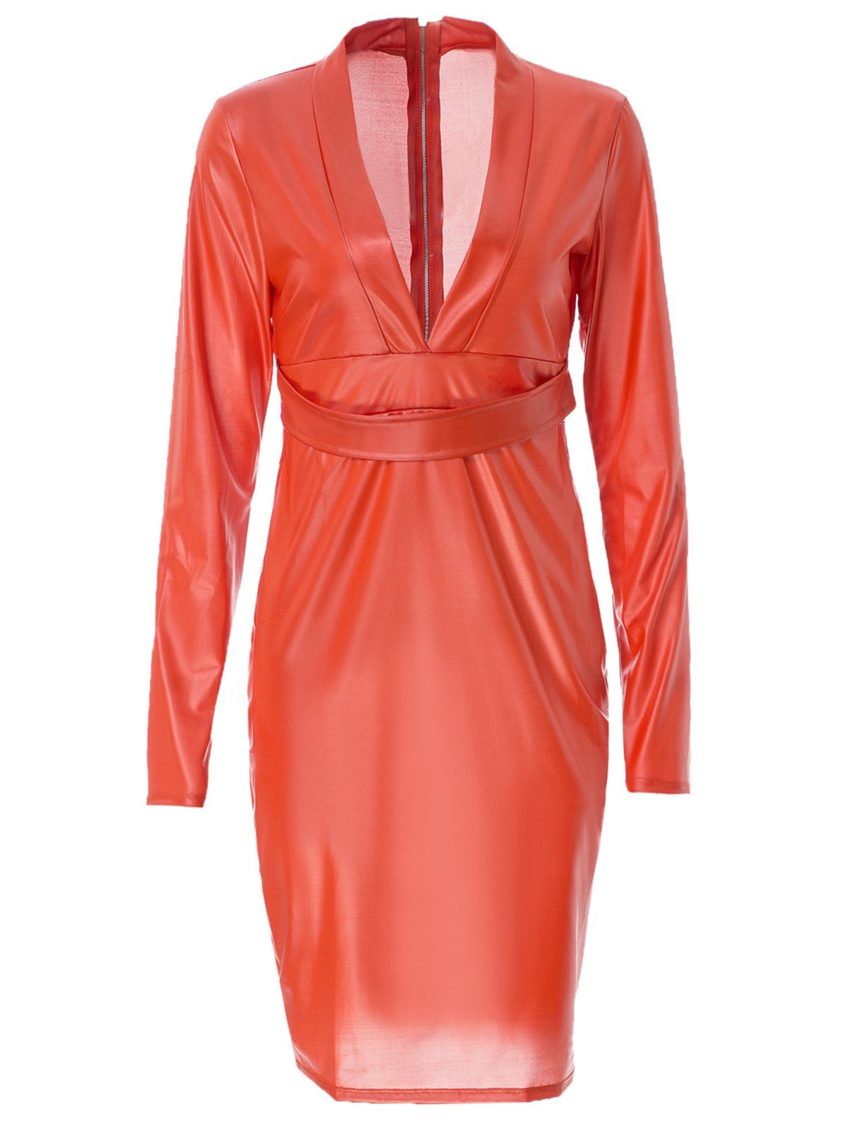 

Plunging Neck Faux Leather Long Sleeve Bandage Dress, Red