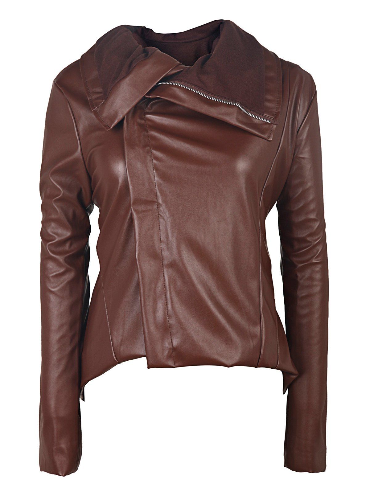 Brown S Long Sleeve Asymmetrical Faux Leather Jacket With Fur Collar Long Sleeve Asymmetrical Faux Leather Jacket With Fur Collar