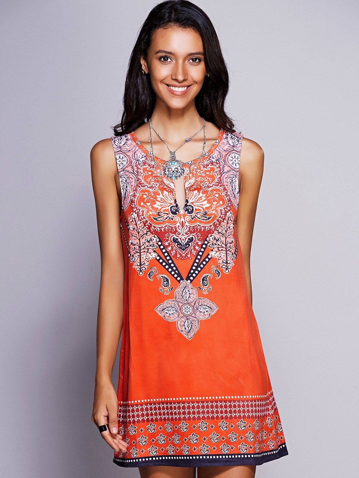 [43 OFF] Ethnic Keyhole Neckline Print Dress For Women Rosegal