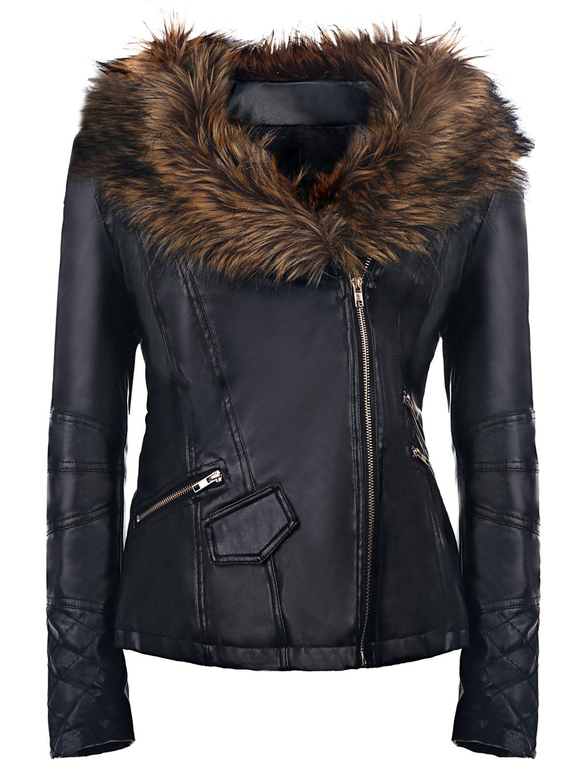 [30% OFF] Long Sleeve Faux Leather Jacket With Fur Collar | Rosegal