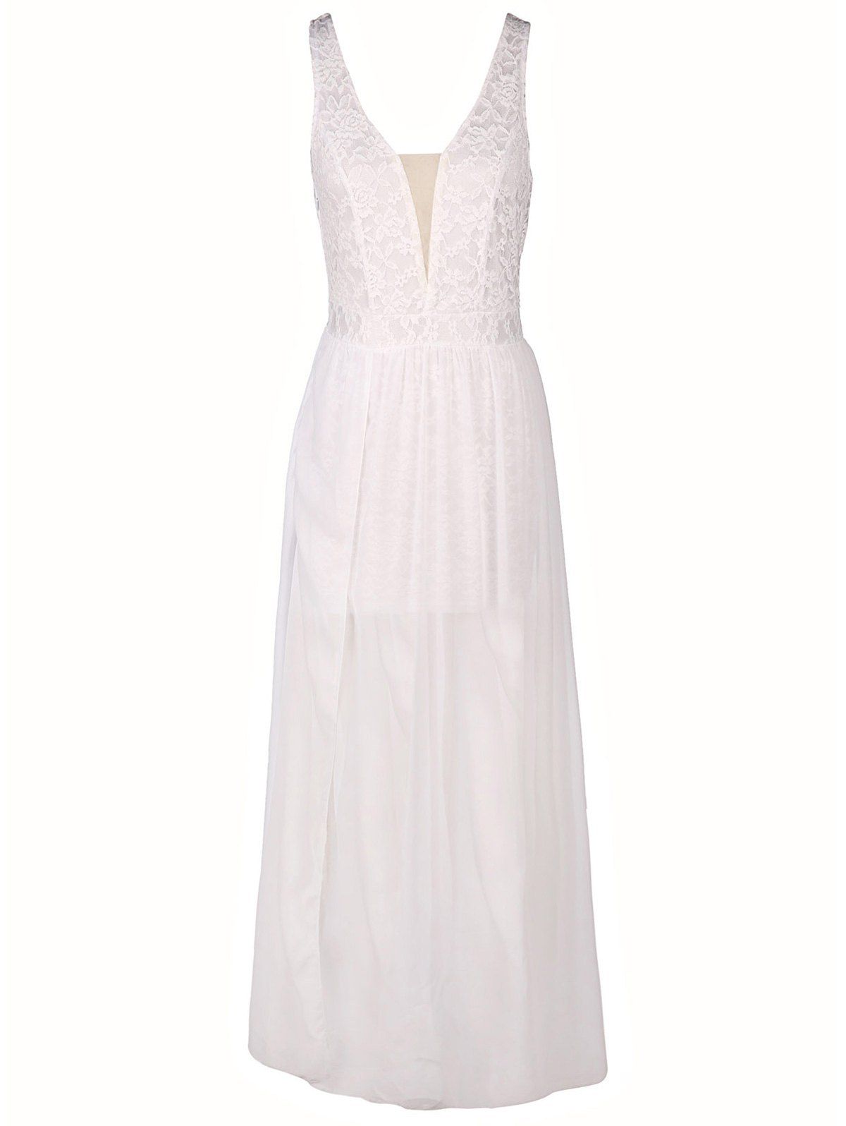 White S Low Cut Lace Panel Long Formal Prom Dress | RoseGal.com