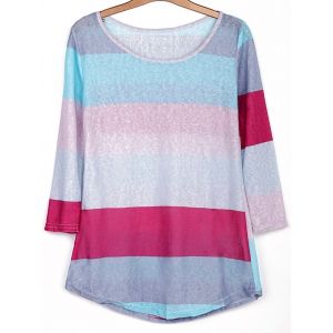 

Stylish Scoop Neck 3/4 Sleeve Striped Colored Women' T-Shirt, Colormix