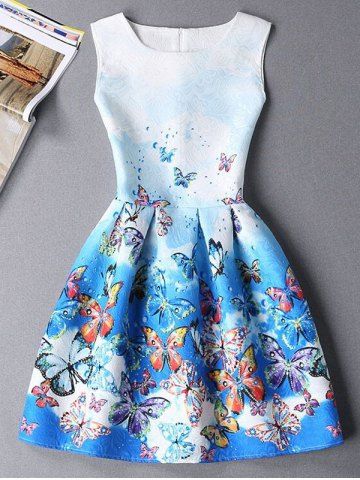 Cute Sleeveless Round Neck Butterfly Print Ombre Women's Dress