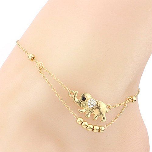 

Rhinestone Elephant Beads Charm Girl Layered Anklet, Golden