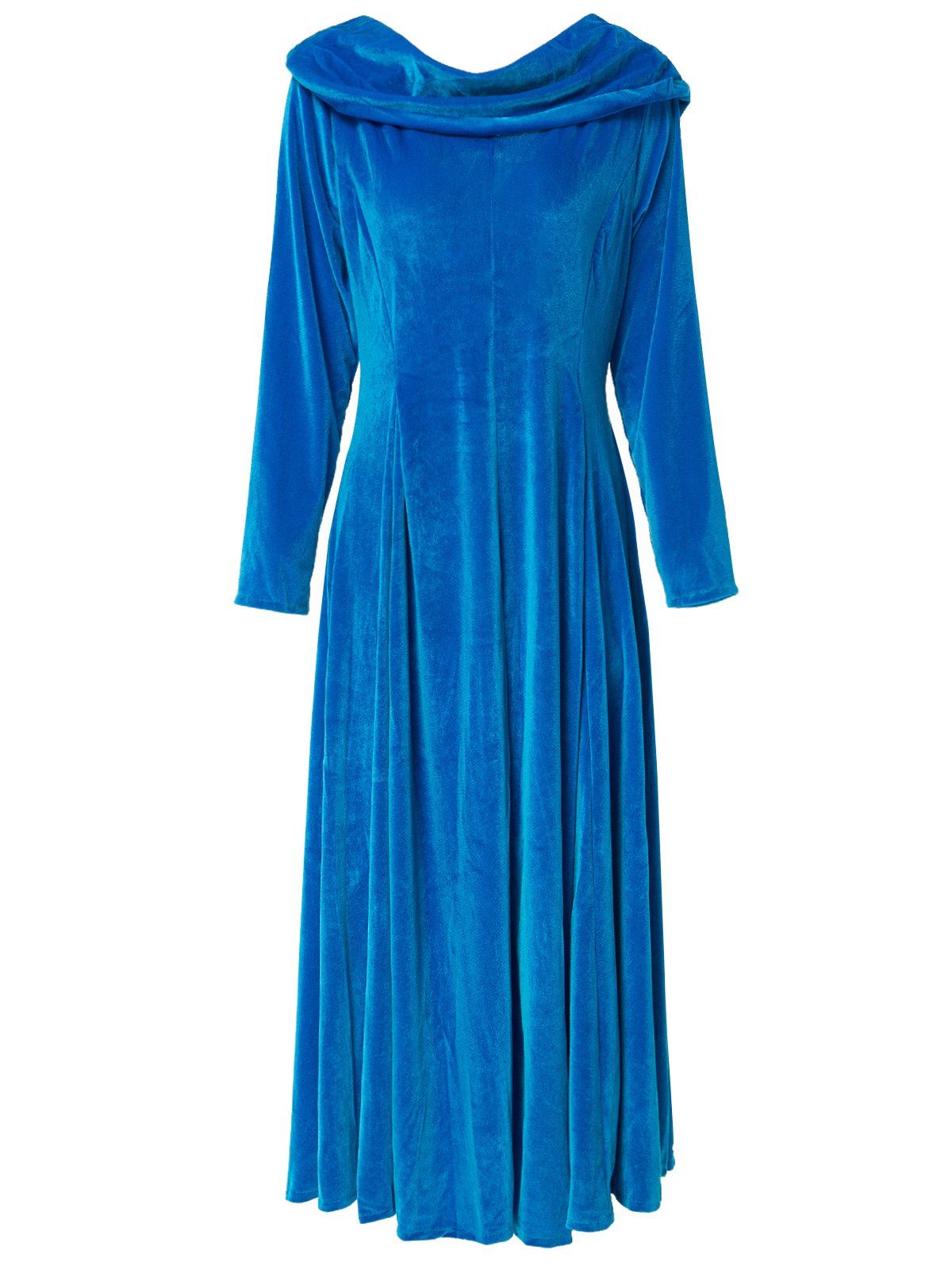 

Retro Style Solid Color Slash Neck Long Sleeve Flare Midi Dress For Women, Blue