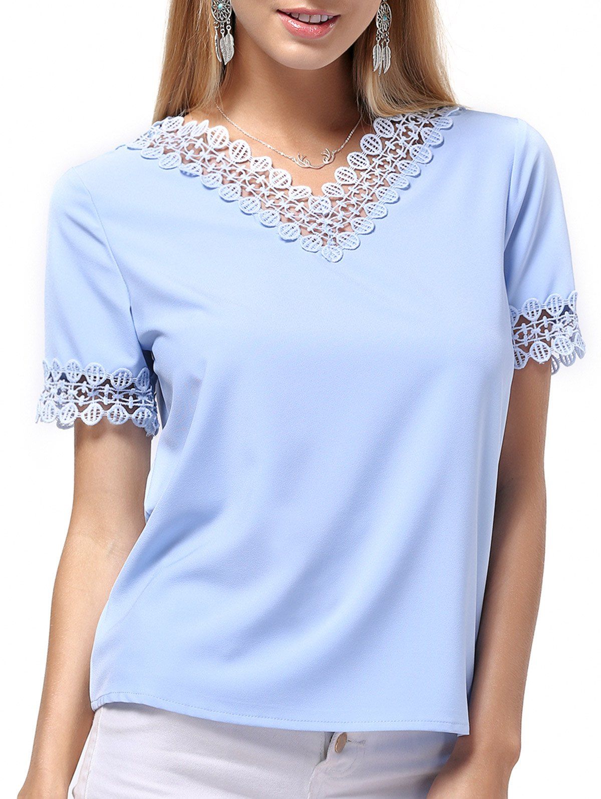 [34 OFF] Sweet Short Sleeve V Neck Pure Color Lace Spliced Women's