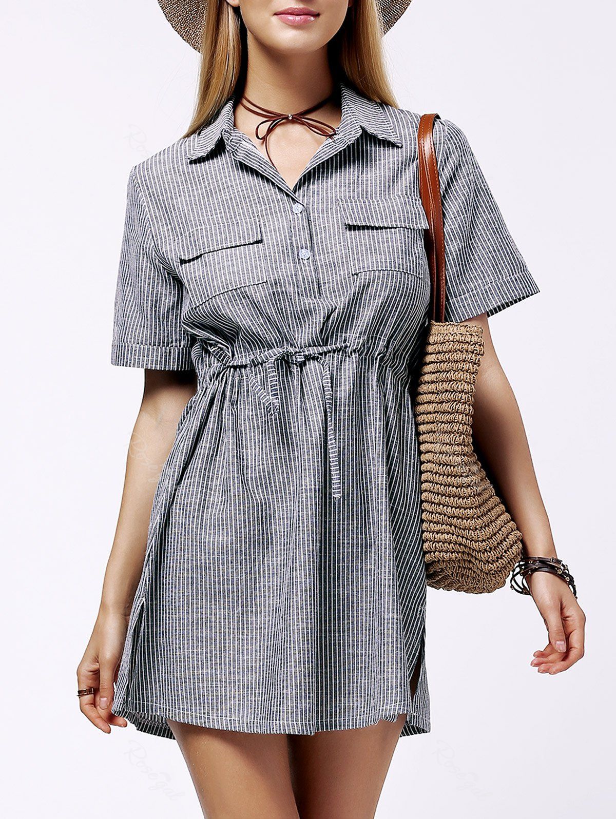 [19 OFF] Plus Size Shirt Collar Striped Linen Dress Rosegal