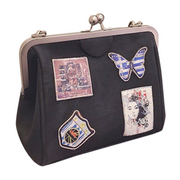 Black Vintage Kiss Lock Closure And Emblem Design Tote Bag For Women