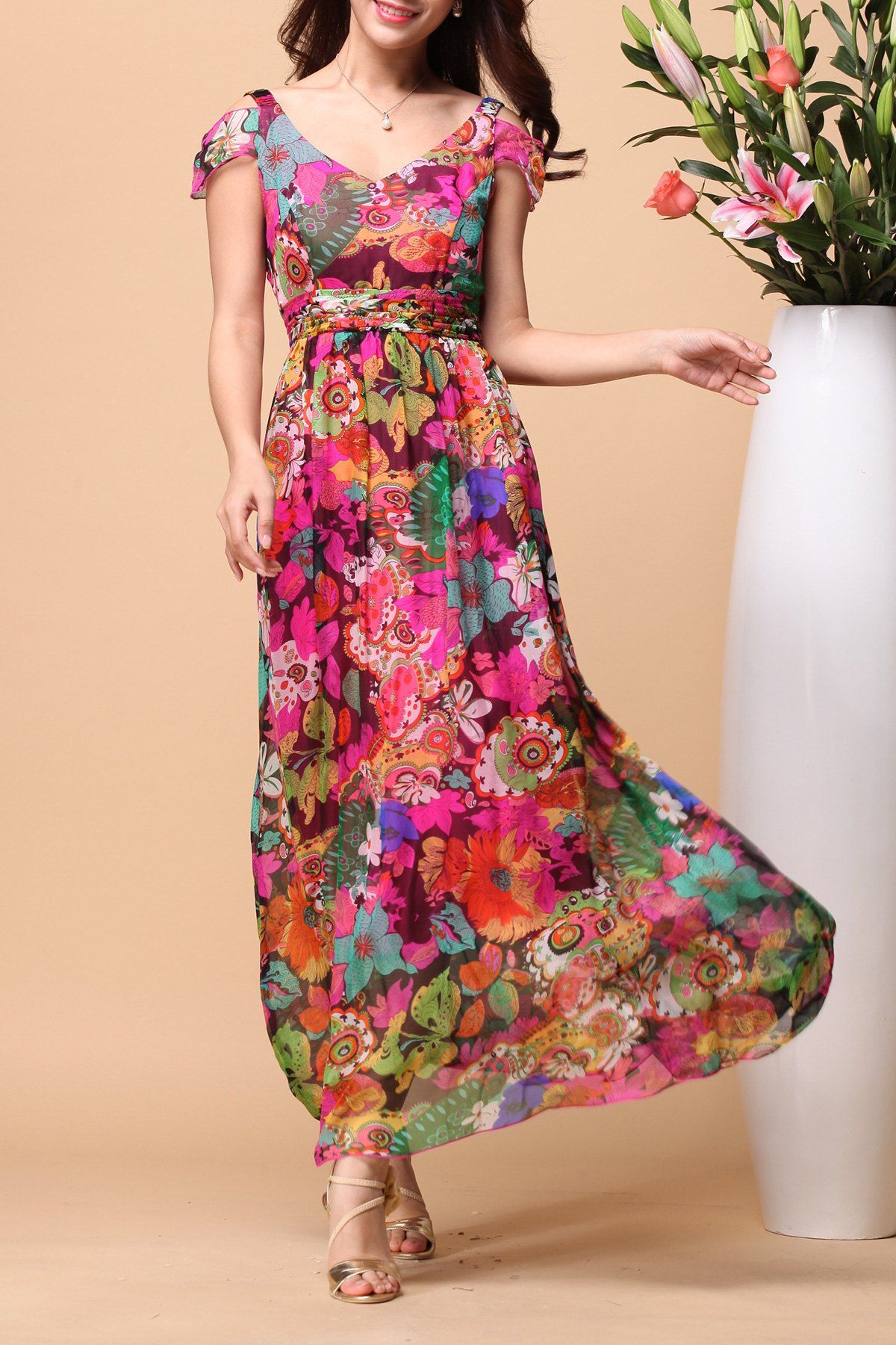 V Neck Silk Floral Print Beach Dress