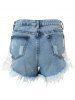 High-Waisted Lace Spliced Ripped Jean Shorts -  