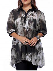 Plus Size Brief Ink Painting Buttoned Blouse