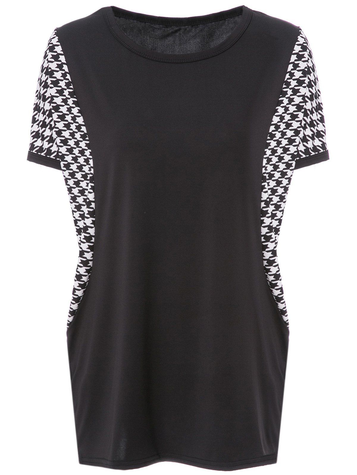 Black L Stylish Scoop Neck Dolman Sleeve Houndstooth Tshirt For Women