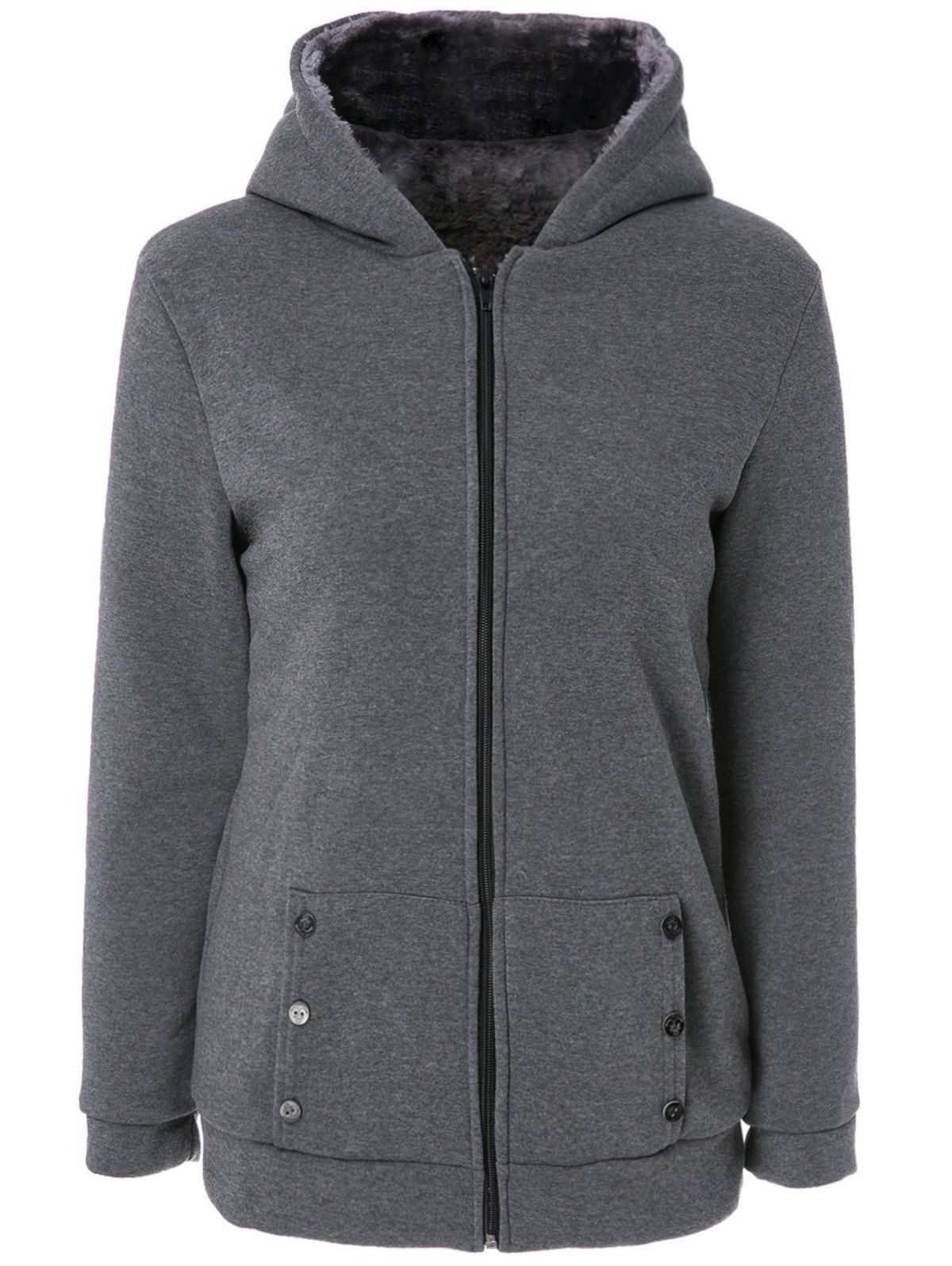 

Stylish Long Sleeves Solid Color Zippered Flocking Hoodie For Women, Deep gray