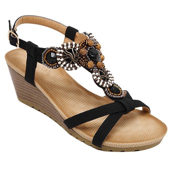 [47% OFF] T-Strap Beaded Wedge Sandals | Rosegal