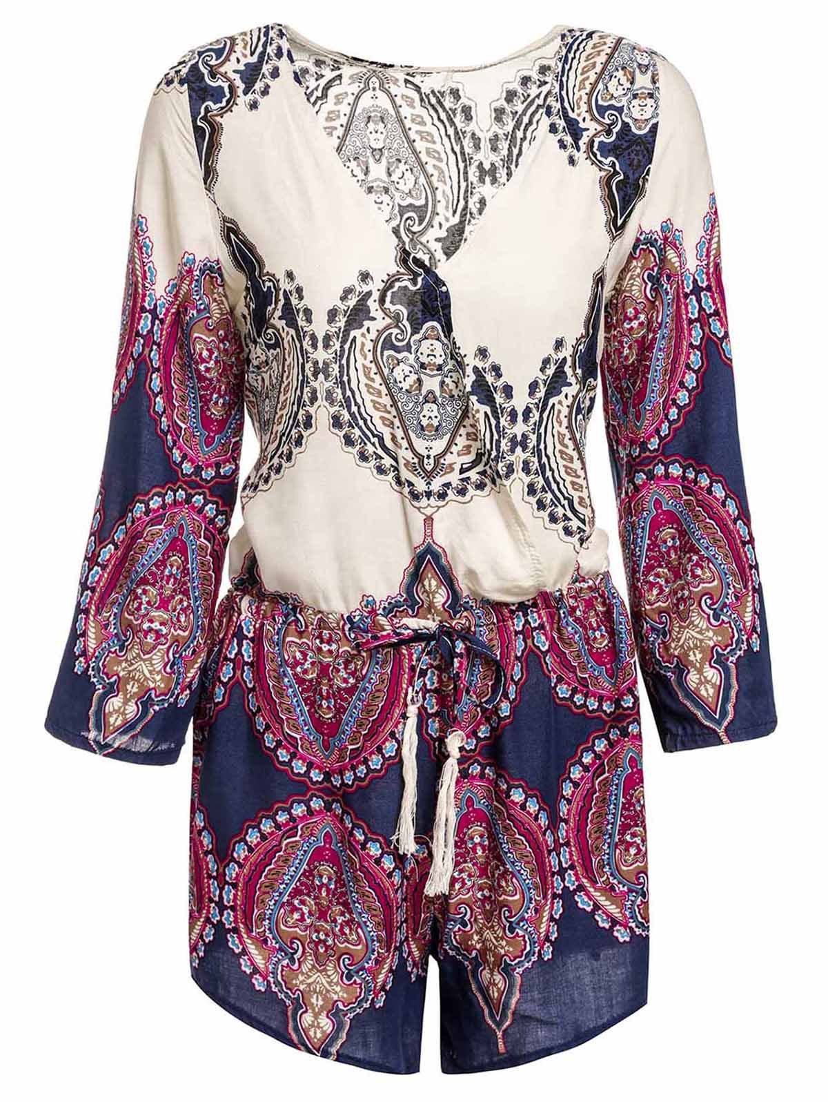 

Sexy Plunging Neck Printed Long Sleeve Romper For Women, Purplish blue
