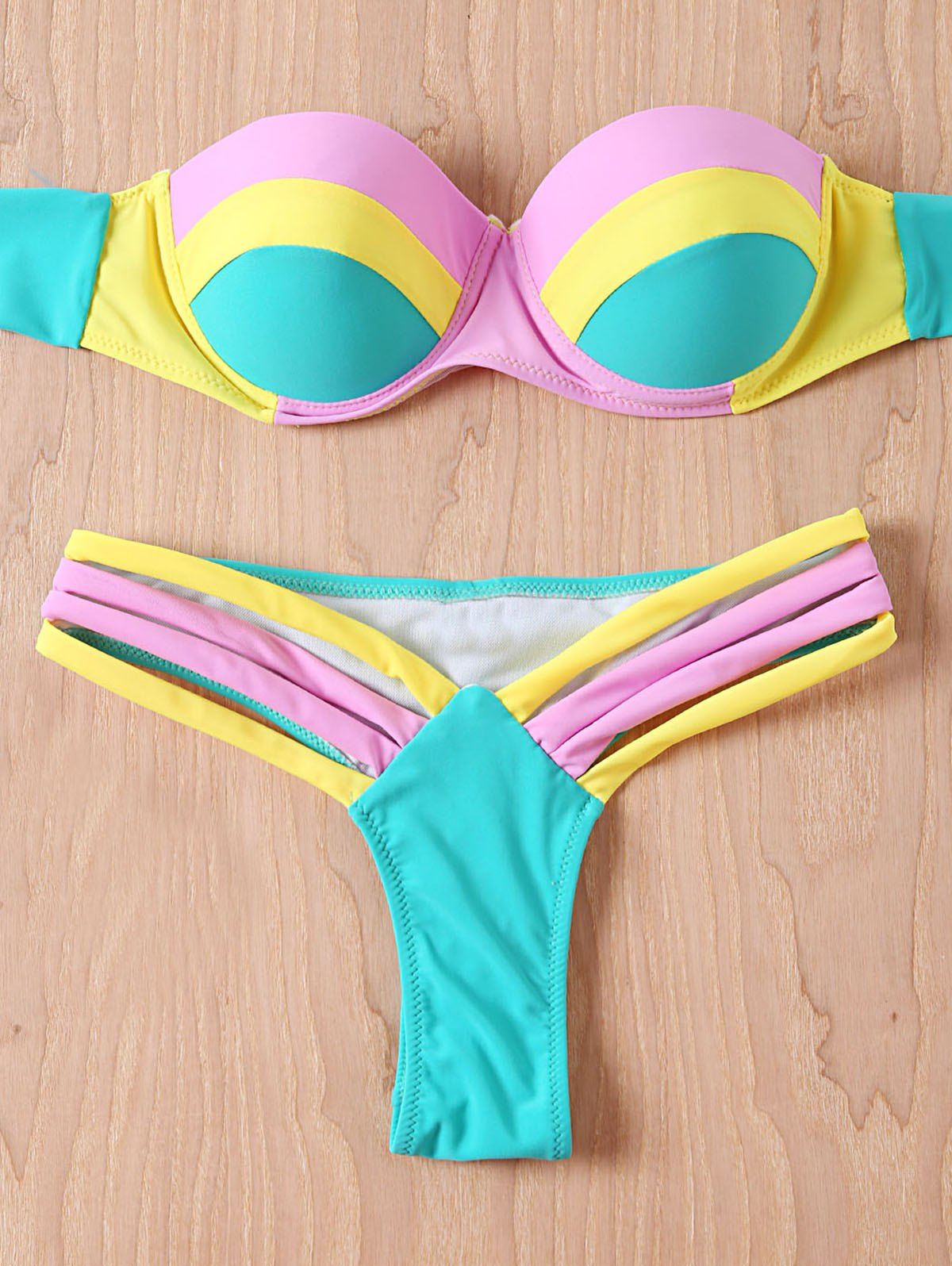 

Color Block Strapless Push Up Bandeau Bikini Set, Tiffany blue