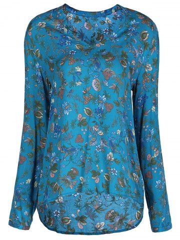 Blue Xl Stylish V-neck Long Sleeve Floral Print Loose-fitting Women's ...