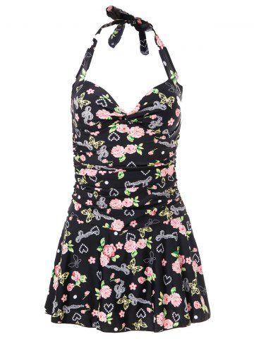 Black M Fashionable Halterneck Floral Print One-piece Swimsuit For ...