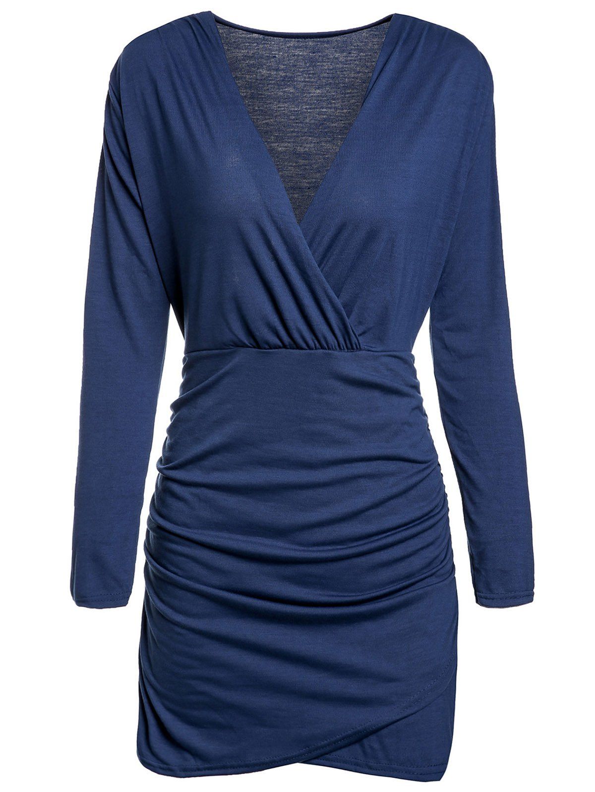 2018 Deep Plunging Neck Long Sleeve Bodycon Wrap Dress In Blue M ...