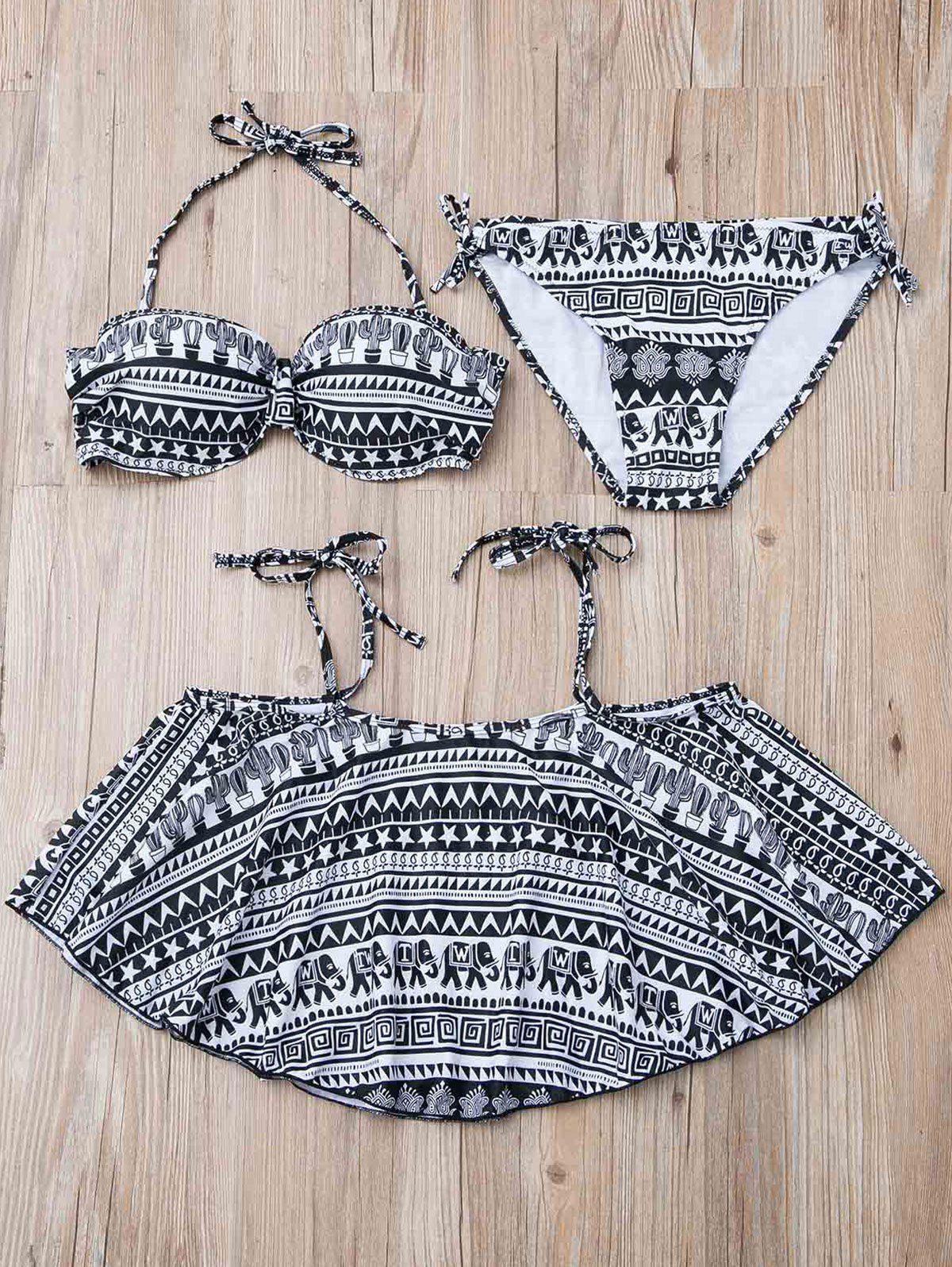 Discount Stylish Halter Printed Lace-Up Three-Piece Women's Swimsuit  