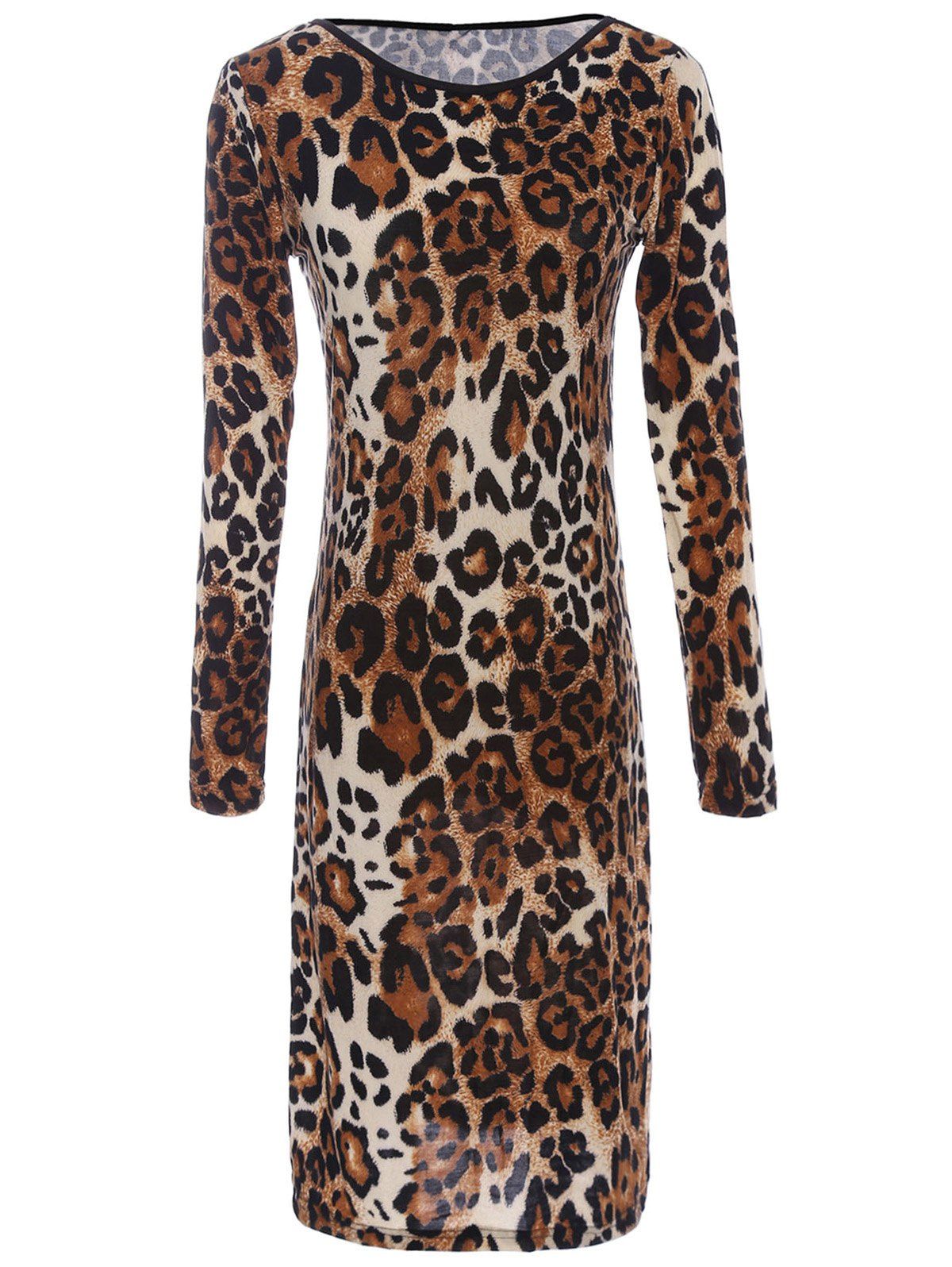  64 OFF Long  Sleeve  Leopard  Print  Backless T Shirt  Dress  