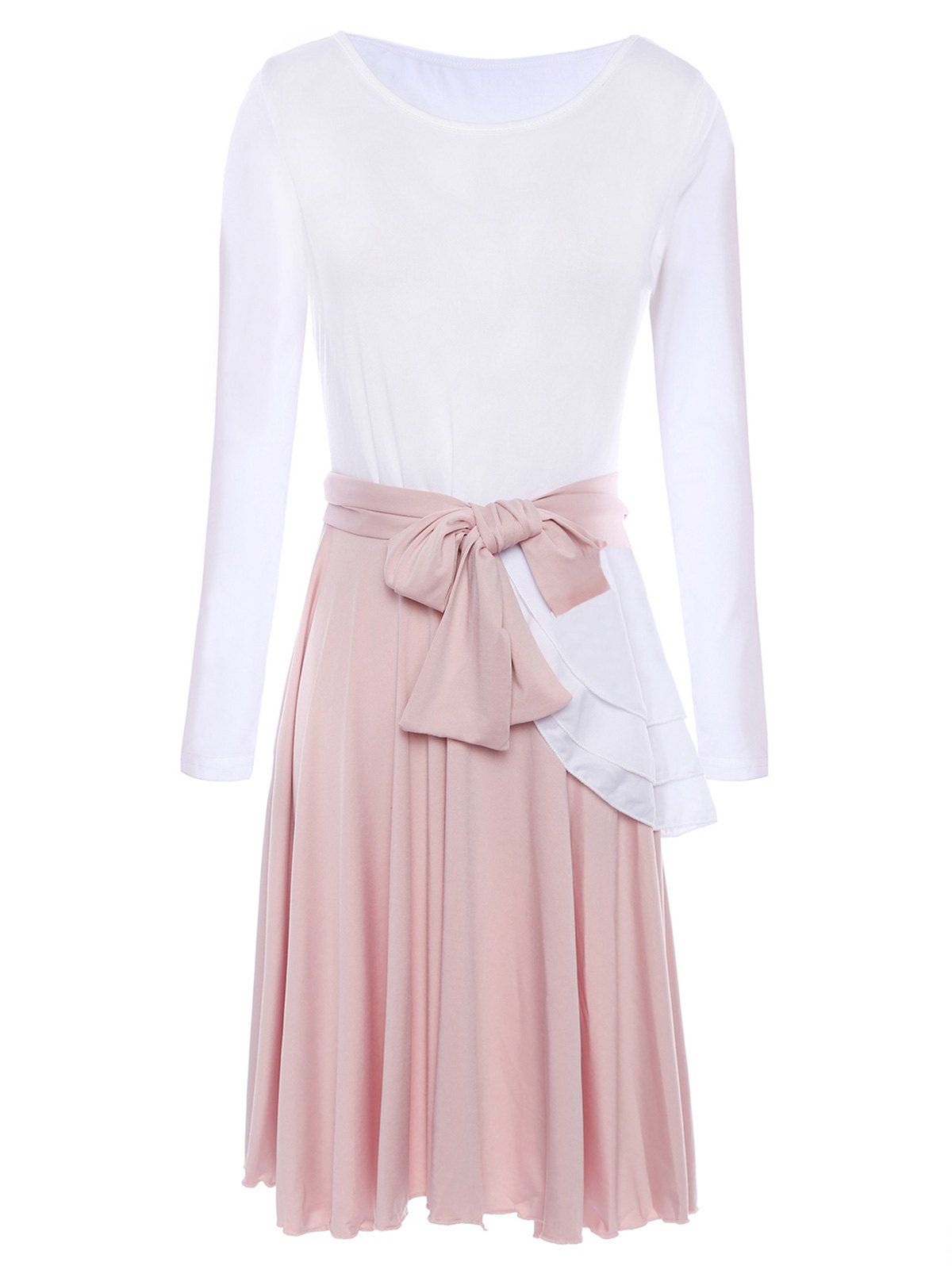 [65 OFF] Elegant Scoop Collar Long Sleeve LaceUp Flounced Spliced