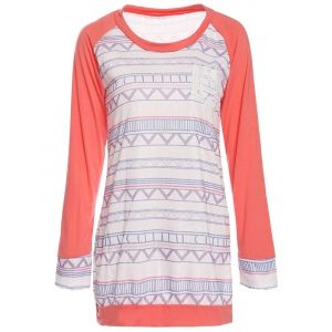 

Stylish Round Neck Long Sleeve Printed Pocket Design Women's T-Shirt, Pink