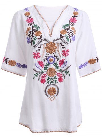 [38% OFF] Ethnic Style Embroidery V Neck 3/4 Sleeve Blouse For Women ...