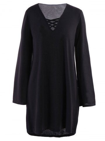 [87% Off] Plain Loose Lace Up Long Sleeve Dress 