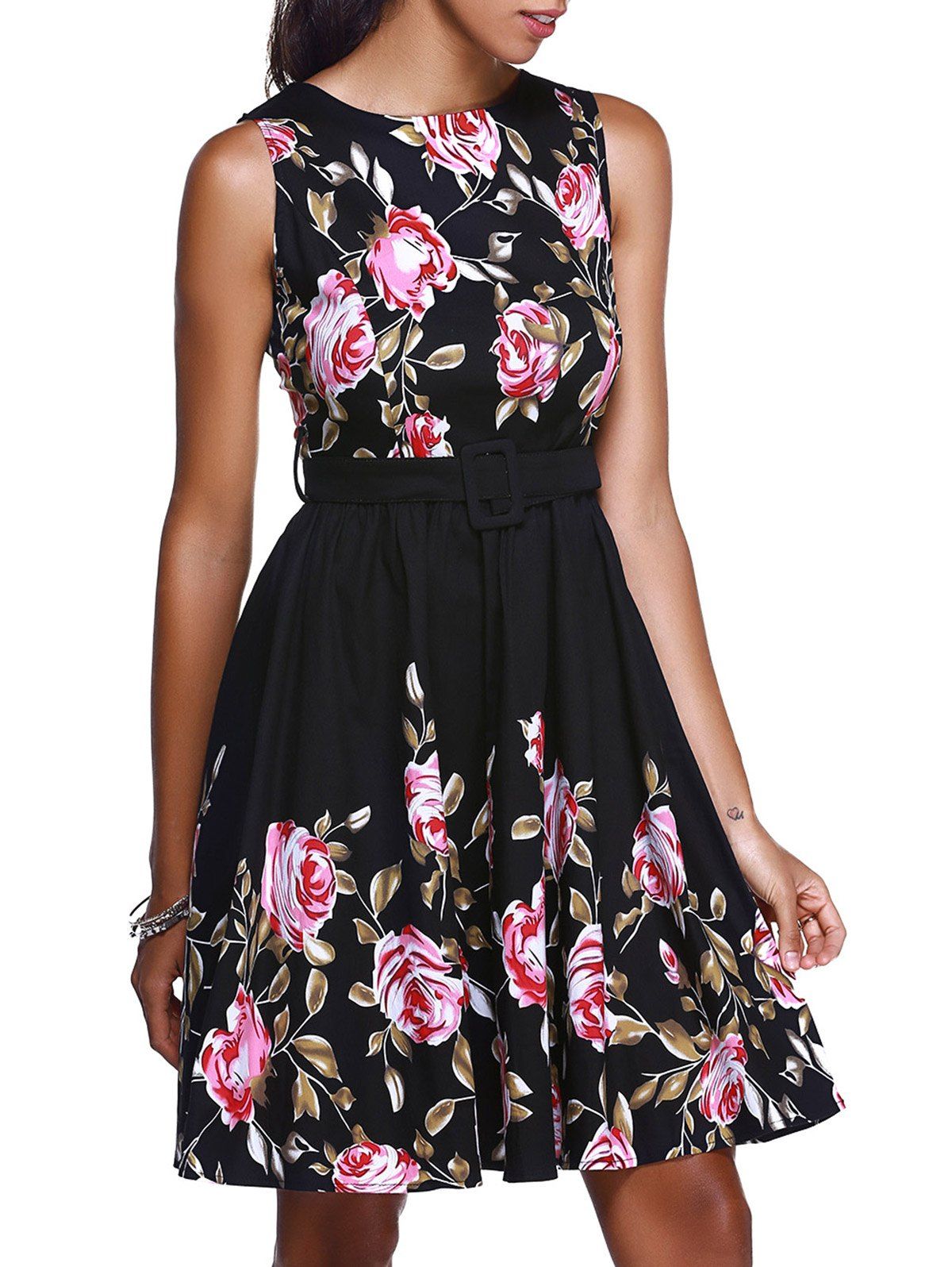 [26% OFF] Floral High Waisted Swing Short Prom Dress | Rosegal