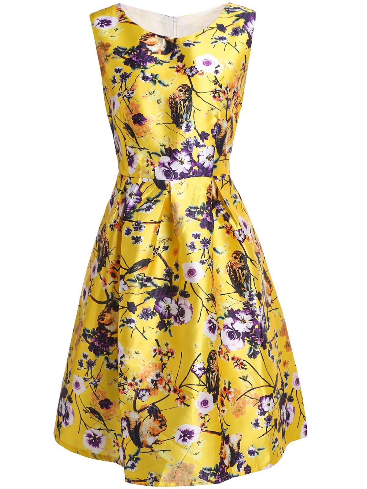 [28 Off] Stylish Slash Neck Flower And Birds Print Sleeveless Dress