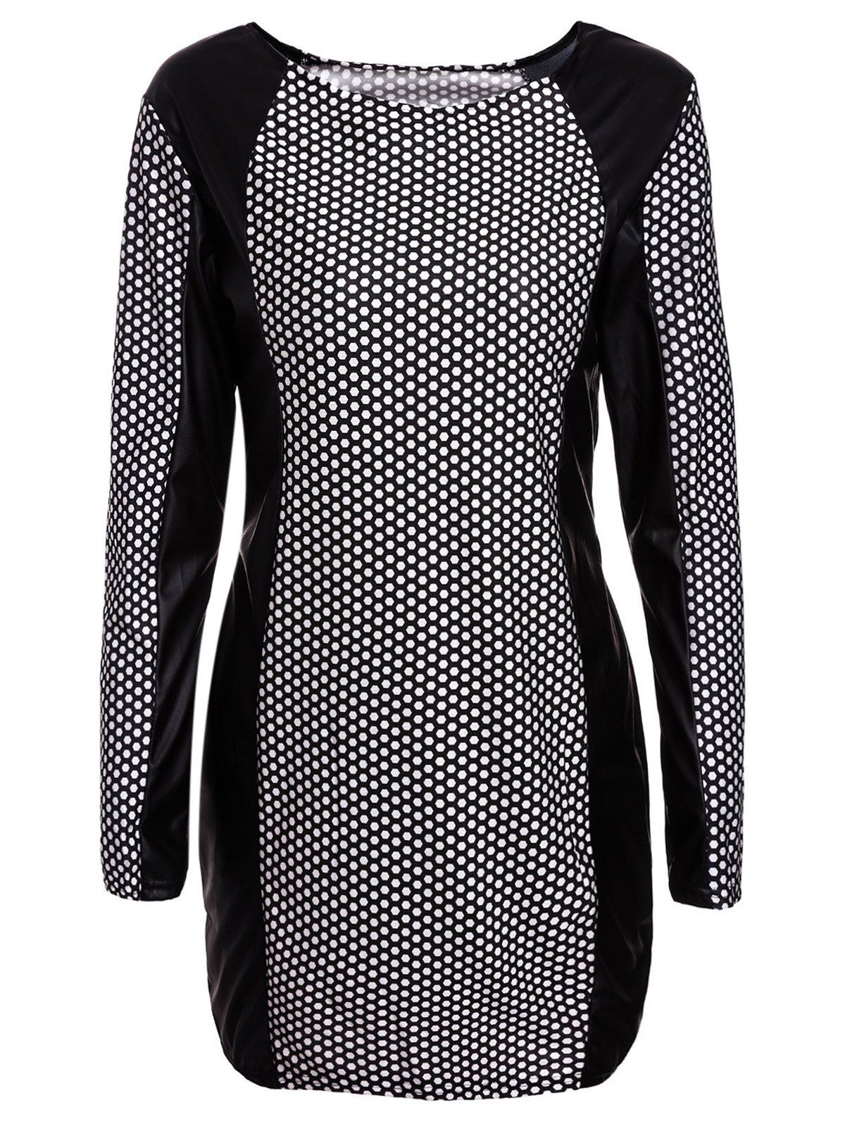 

Long Sleeve PU Leather Splicing Printed Bodycon Dress, White and black