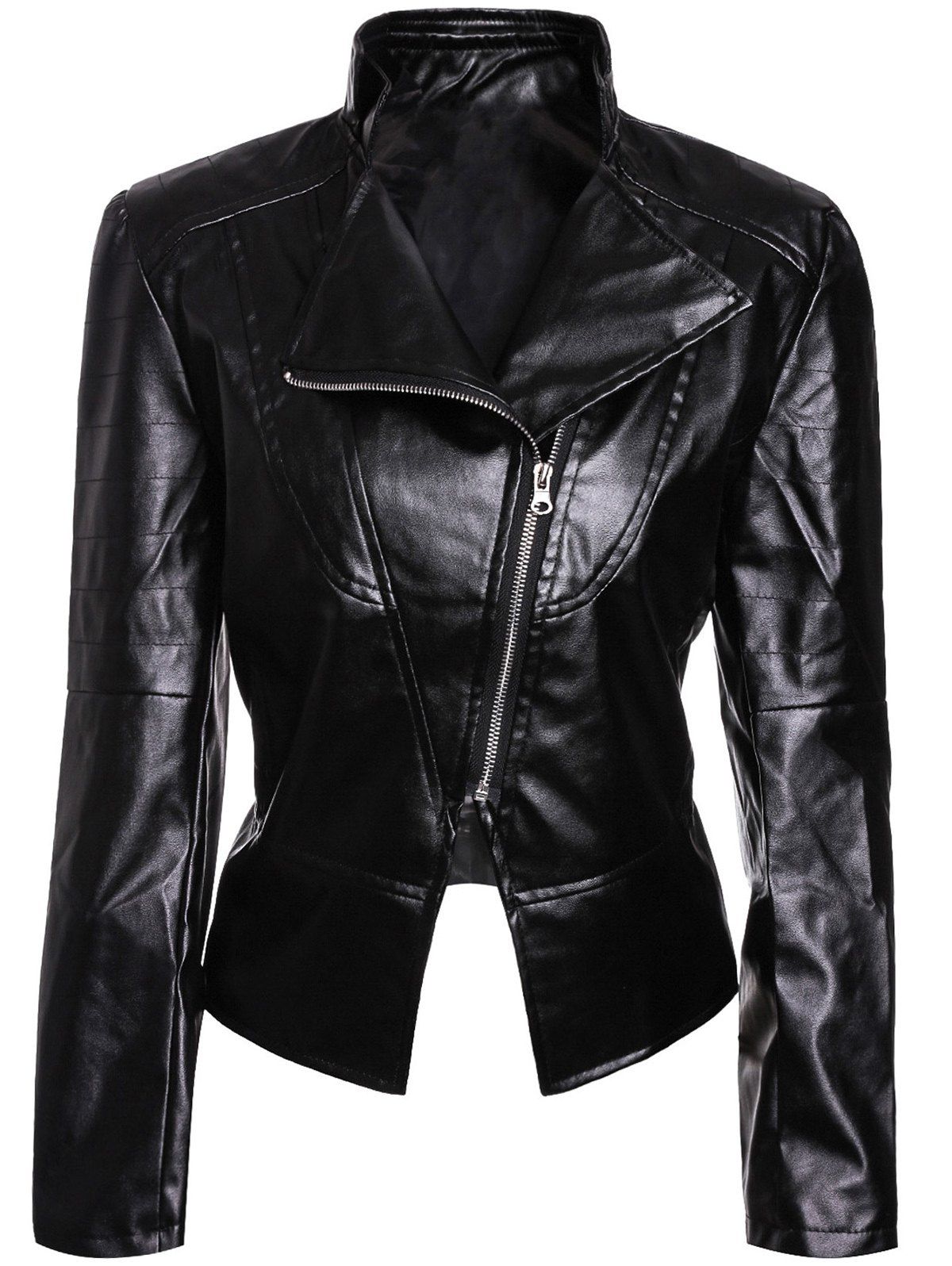 2018 Stylish Turndown Collar Long Sleeves Pu Leather Black Jacket For