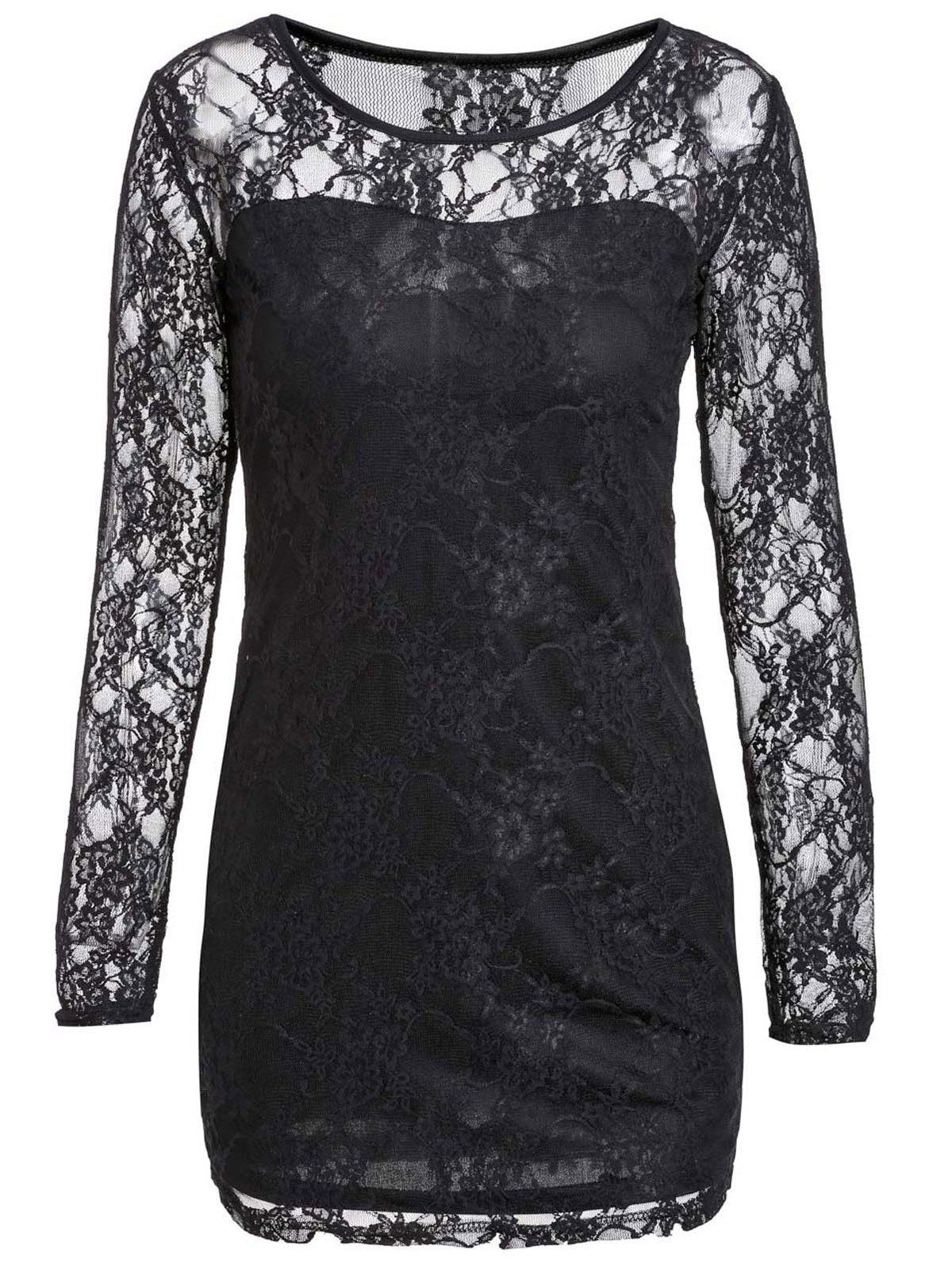 56 Off Sexy Scoop Neck Lace Spliced Slimming Long Sleeve Womens Dress Rosegal