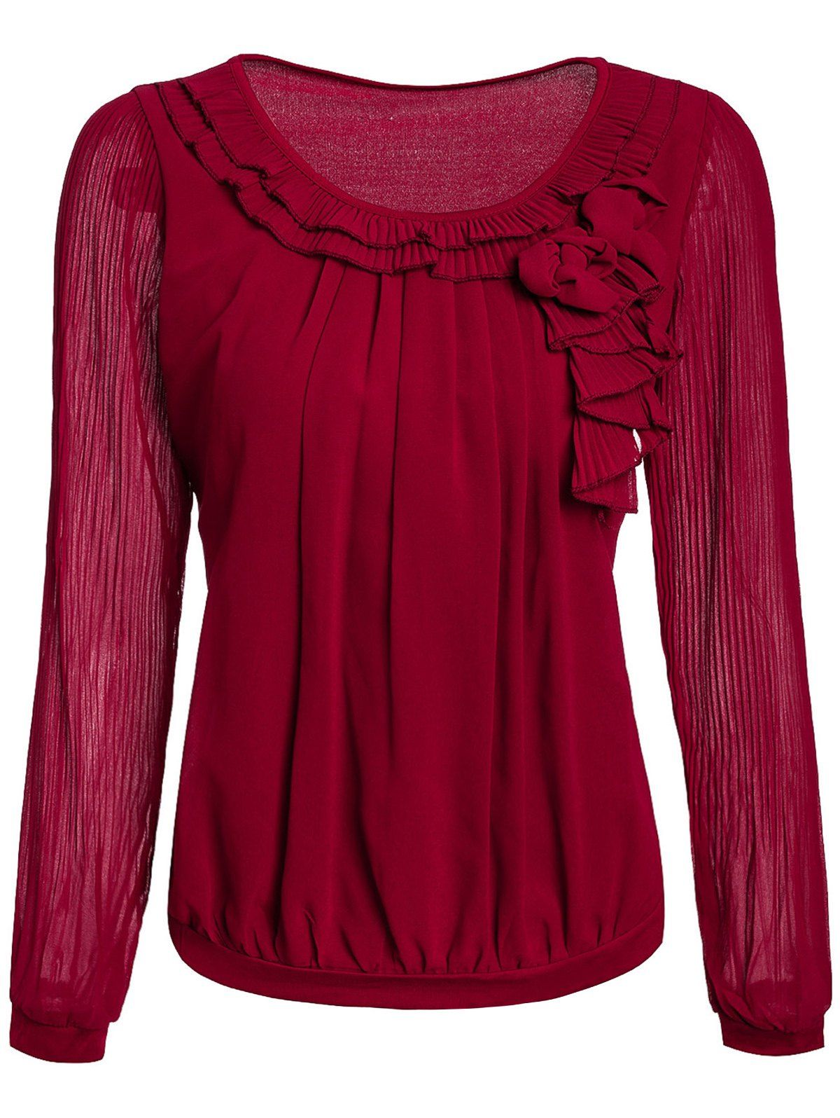 

Pleated Sleeve Ruffle Neck Blouse, Wine red