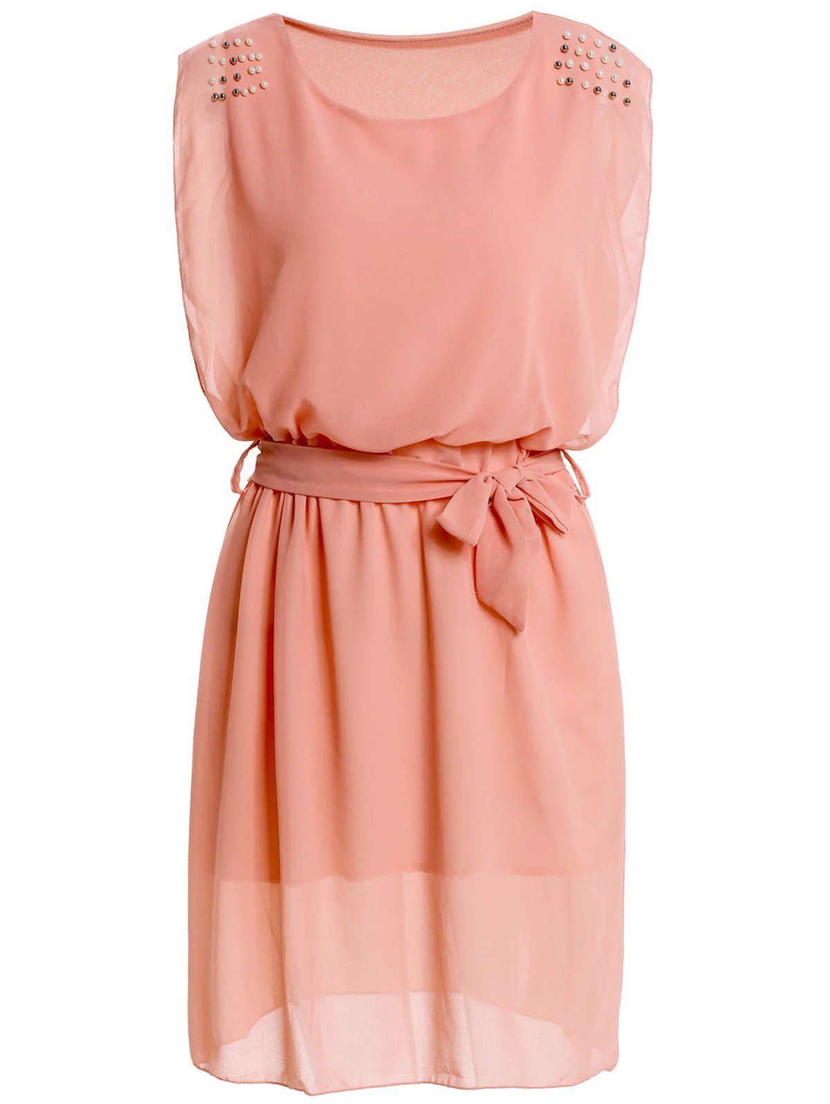 [65 OFF] Ladies Summer Handmade Bead Shoulder Chiffon Dress Bow Belt