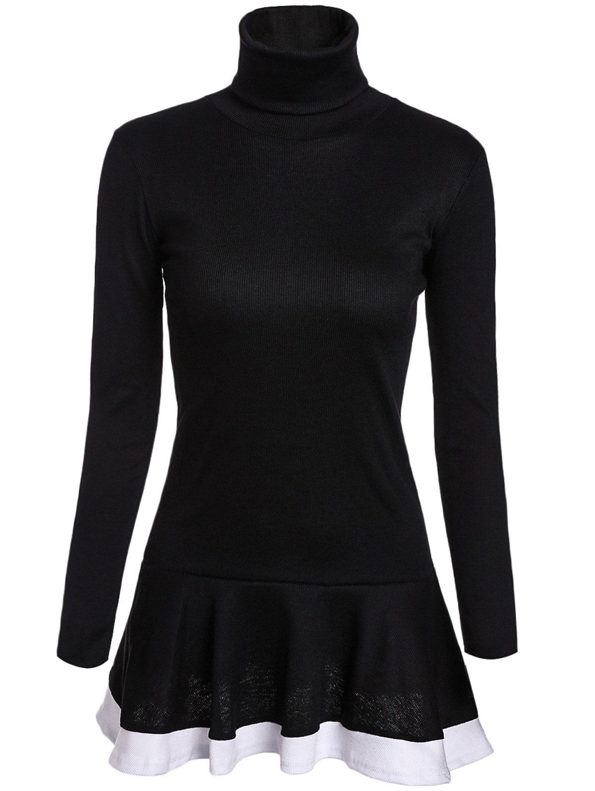 

Stylish Turtleneck Long Sleeves Color Splicing Flounce Dress For Women, Black