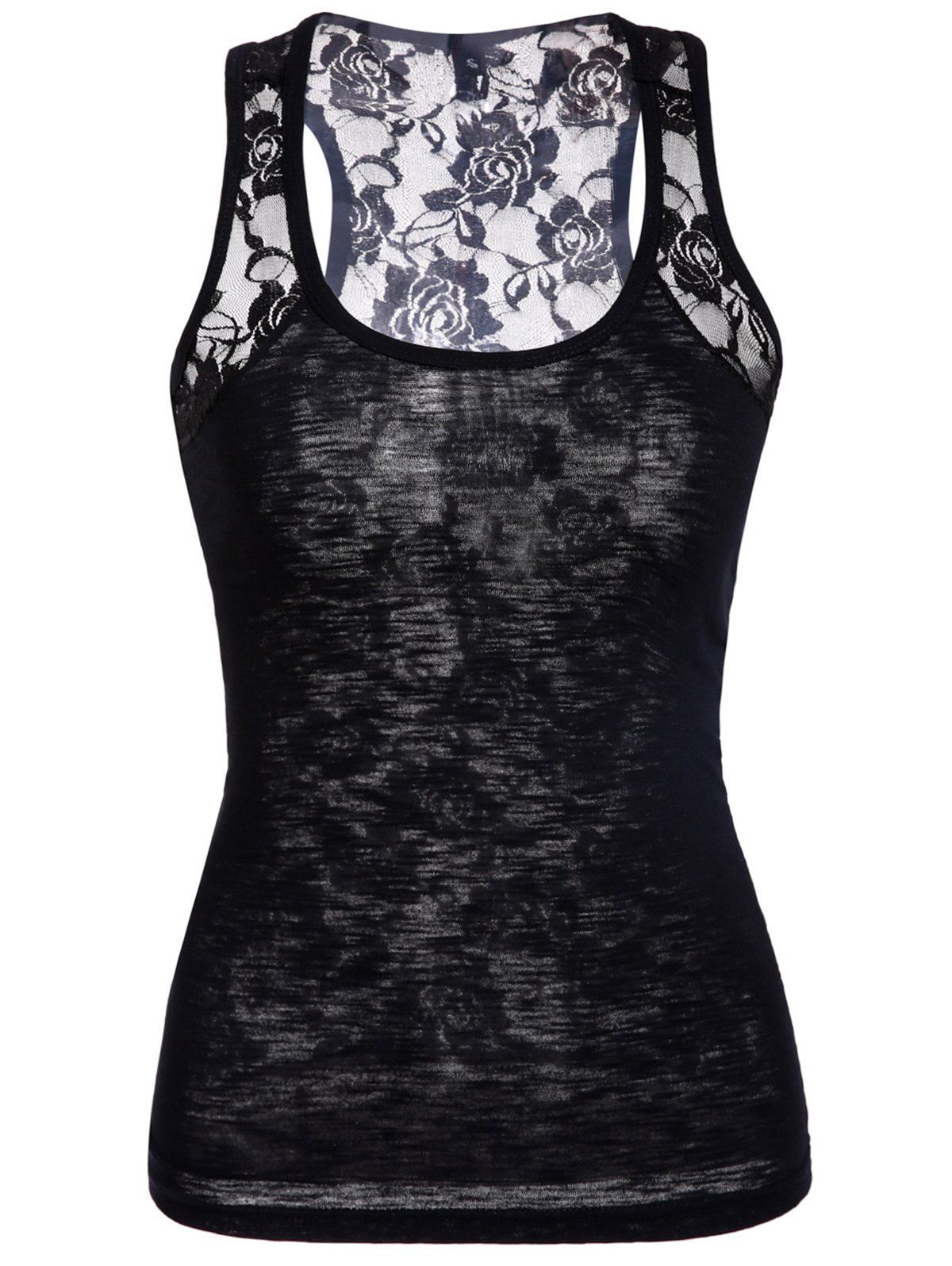 Black M Stylish Scoop Neck Lace Splicing Black Tank Top For Women ...