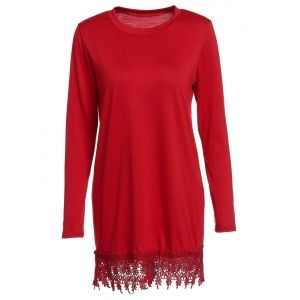 

Round Neck Laciness Dress with Long Sleeves, Claret