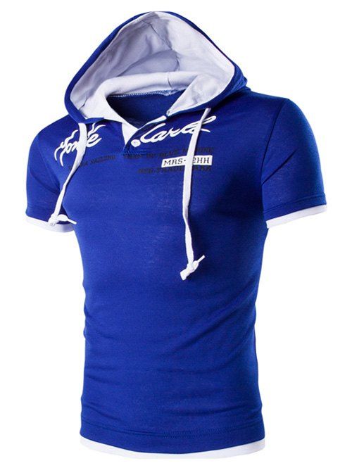 

Hooded Solid Color Letter Printed Short Sleeve T-Shirt For Men, Blue
