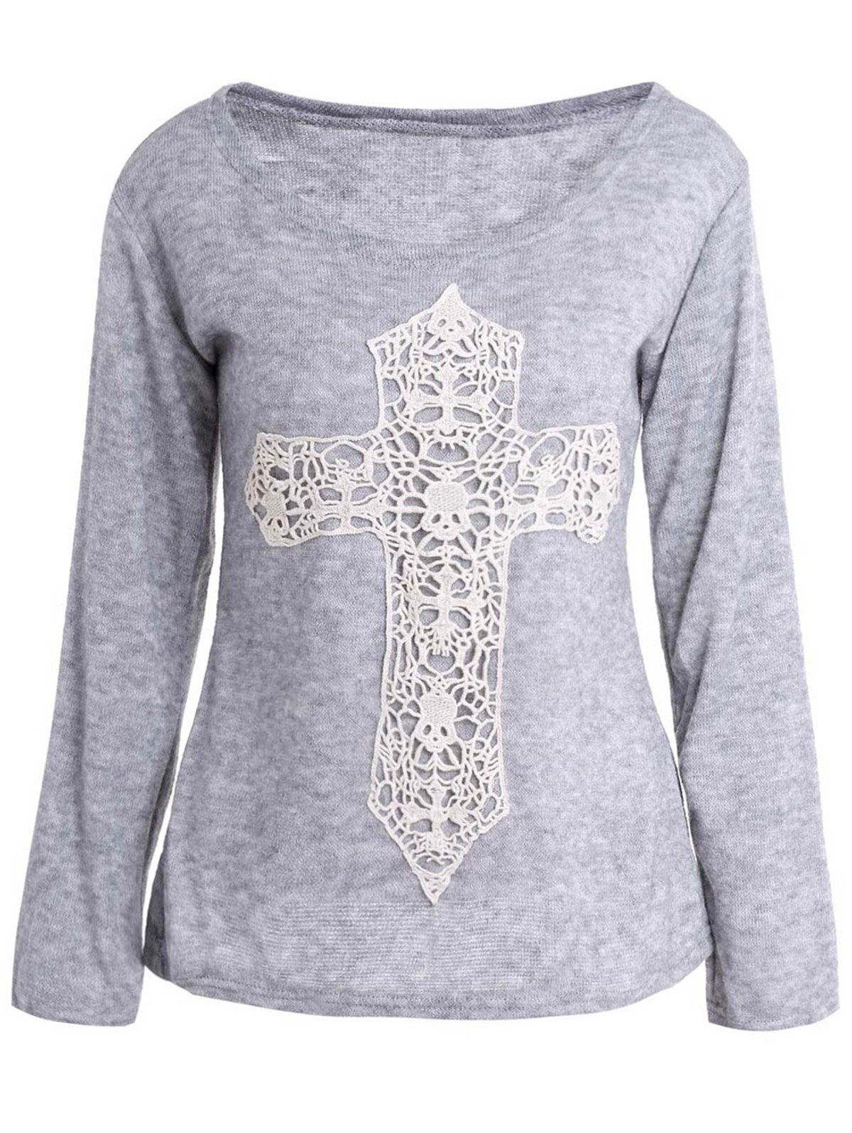 

Casual Scoop Neck Laced Crucifix Pattern Long Sleeve T-Shirt For Women, Gray
