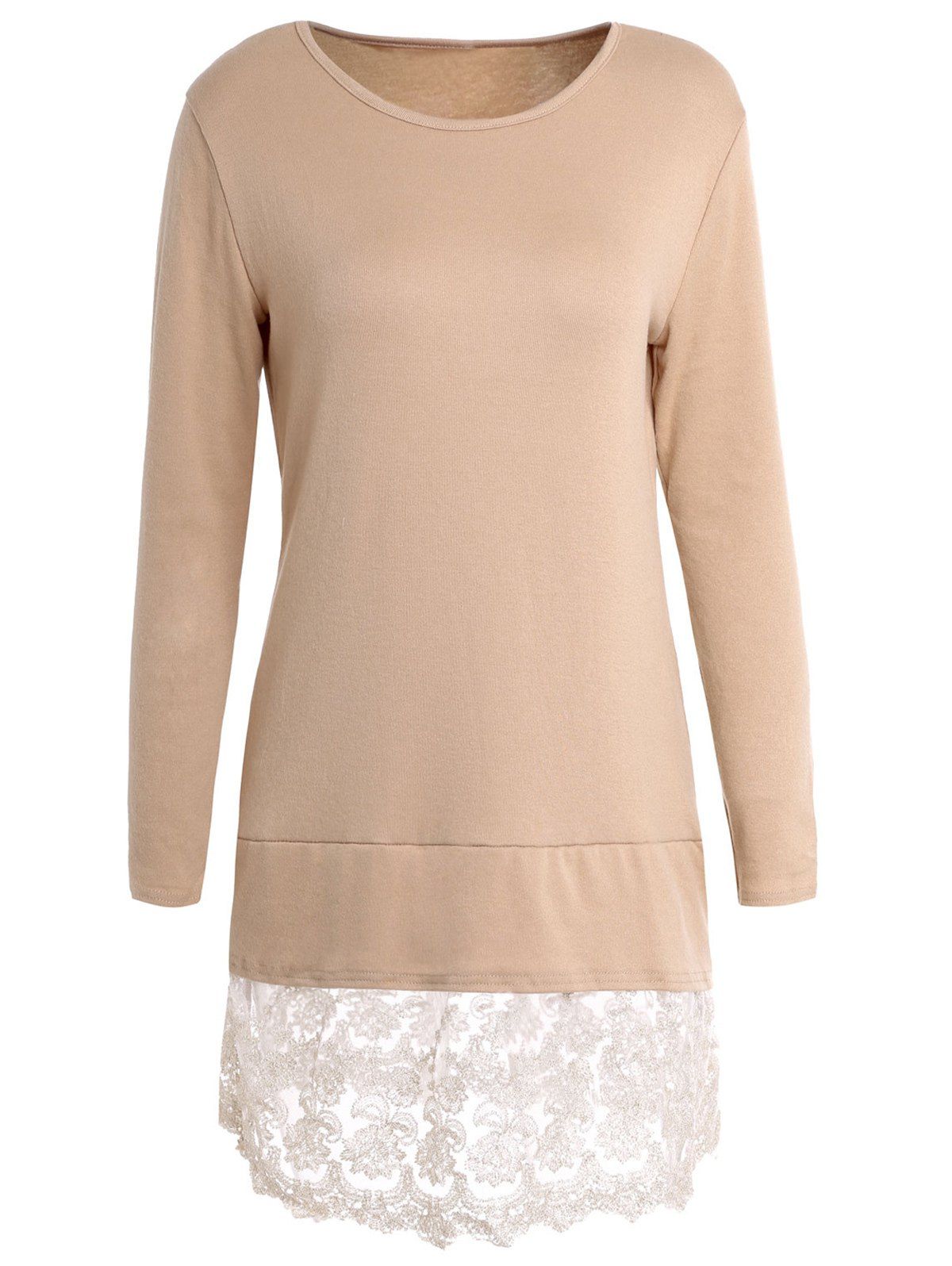 

Sweet Round Collar Laced Long Sleeve Dress For Women, Khaki