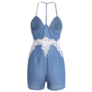 Blue S Spaghetti Strap Lace Trim Short Denim Romper | RoseGal.com