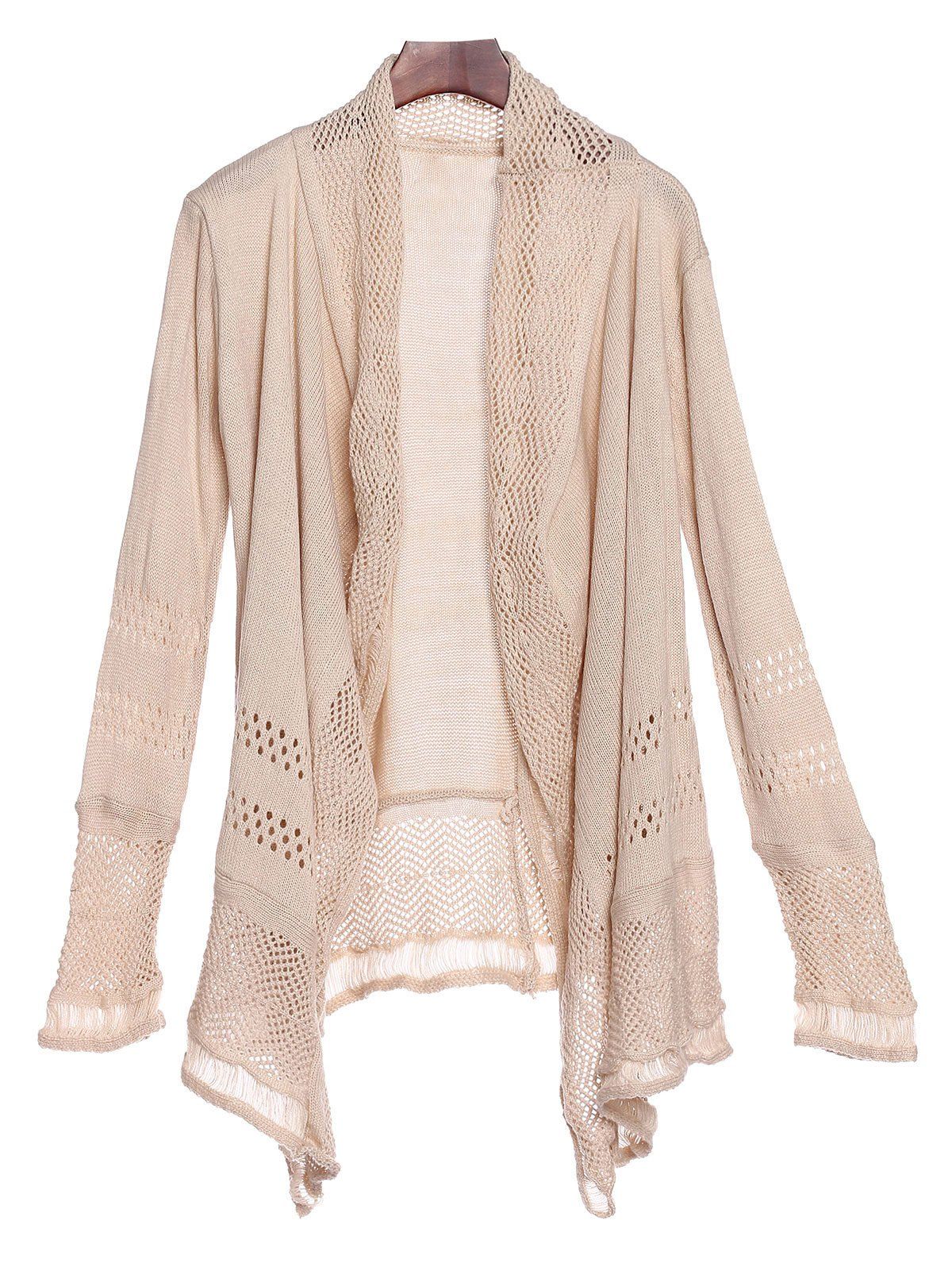 

Simple Style Collarless Hollow Out Solid Color Irregular Cardigan For Women, Khaki