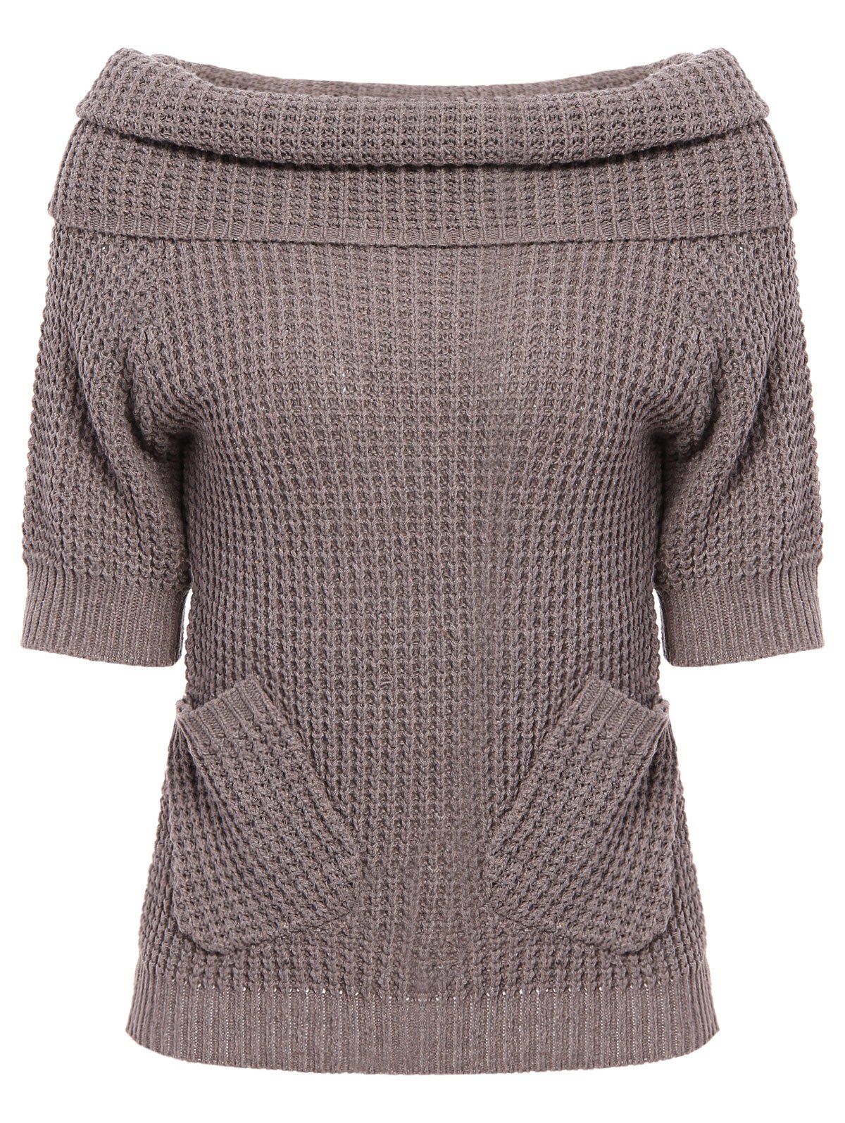 

Chic 3/4 Sleeve Pure Color Pocket Design Women's Sweater, Khaki