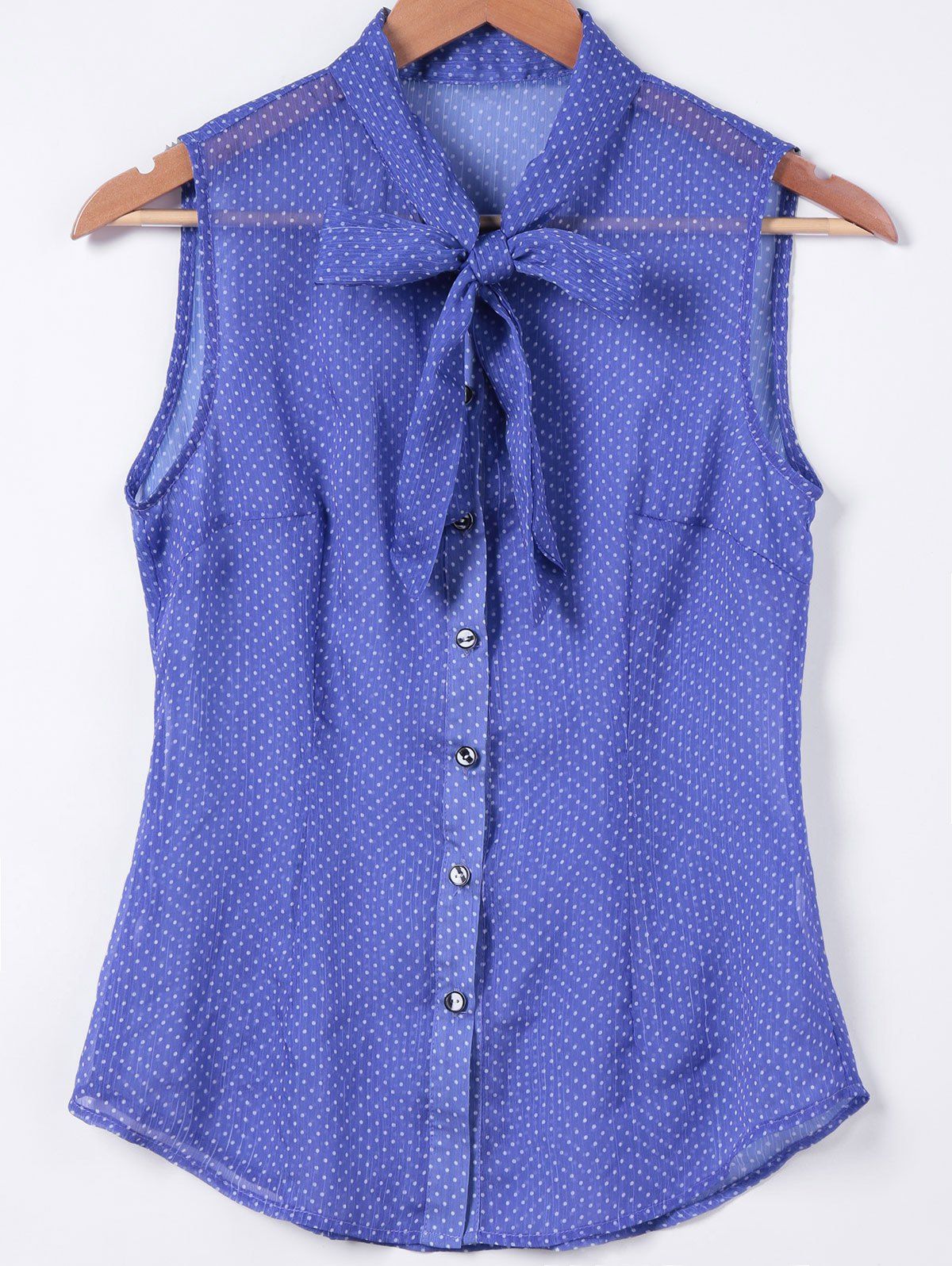 

Bow Tie Collar Polka Dot Print Sleeveless Shirt, Bluish violet